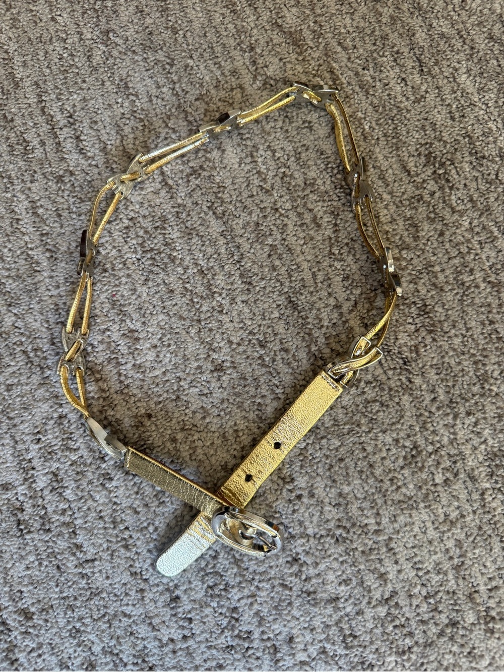 Vintage Gold Leather Double Strap Skinny Belt w/ Silver X Design - XS